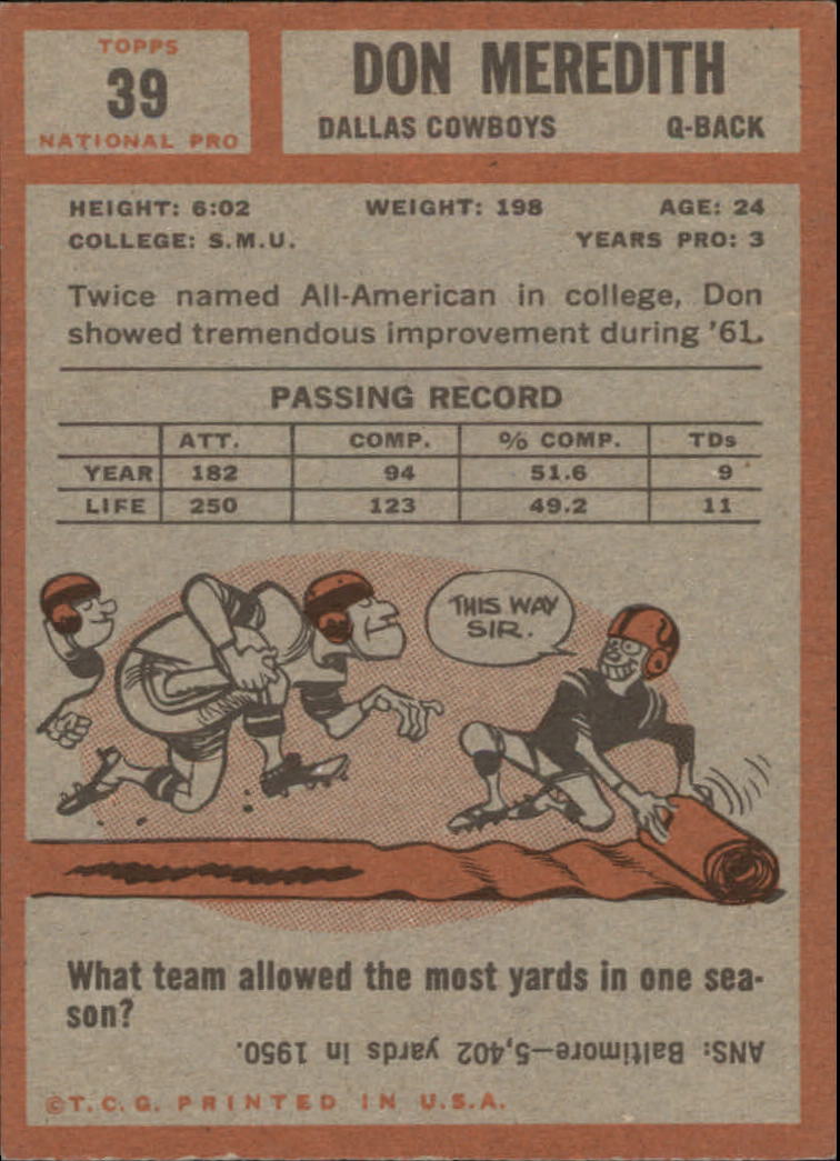 1962 Topps #39 Don Meredith SP back image
