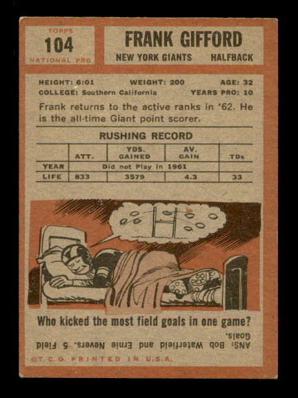 1962 Topps #104 Frank Gifford back image