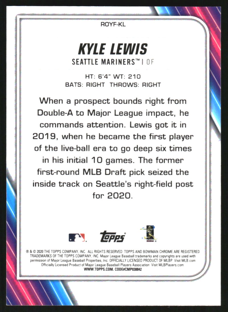 2020 Bowman Chrome Mega Box Rookie of the Year Favorites Blue Refractors #ROYFKL Kyle Lewis