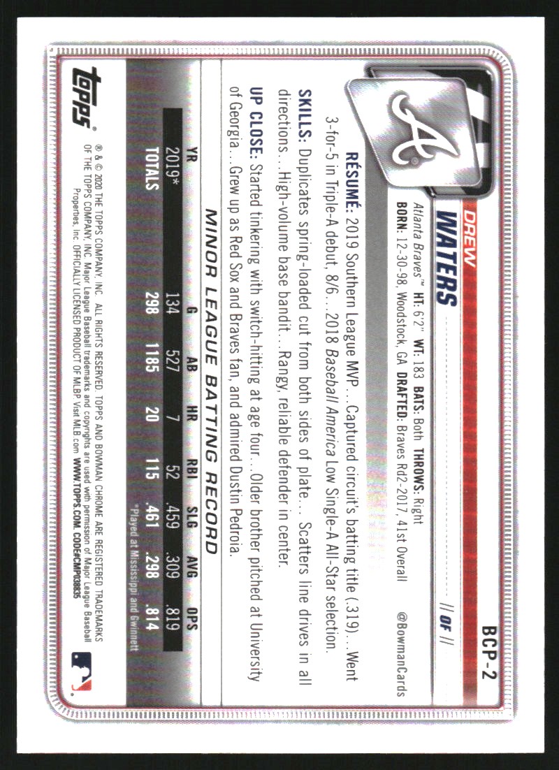 2020 Bowman Chrome Mega Box Prospects Gold Refractors #BCP2 Drew Waters