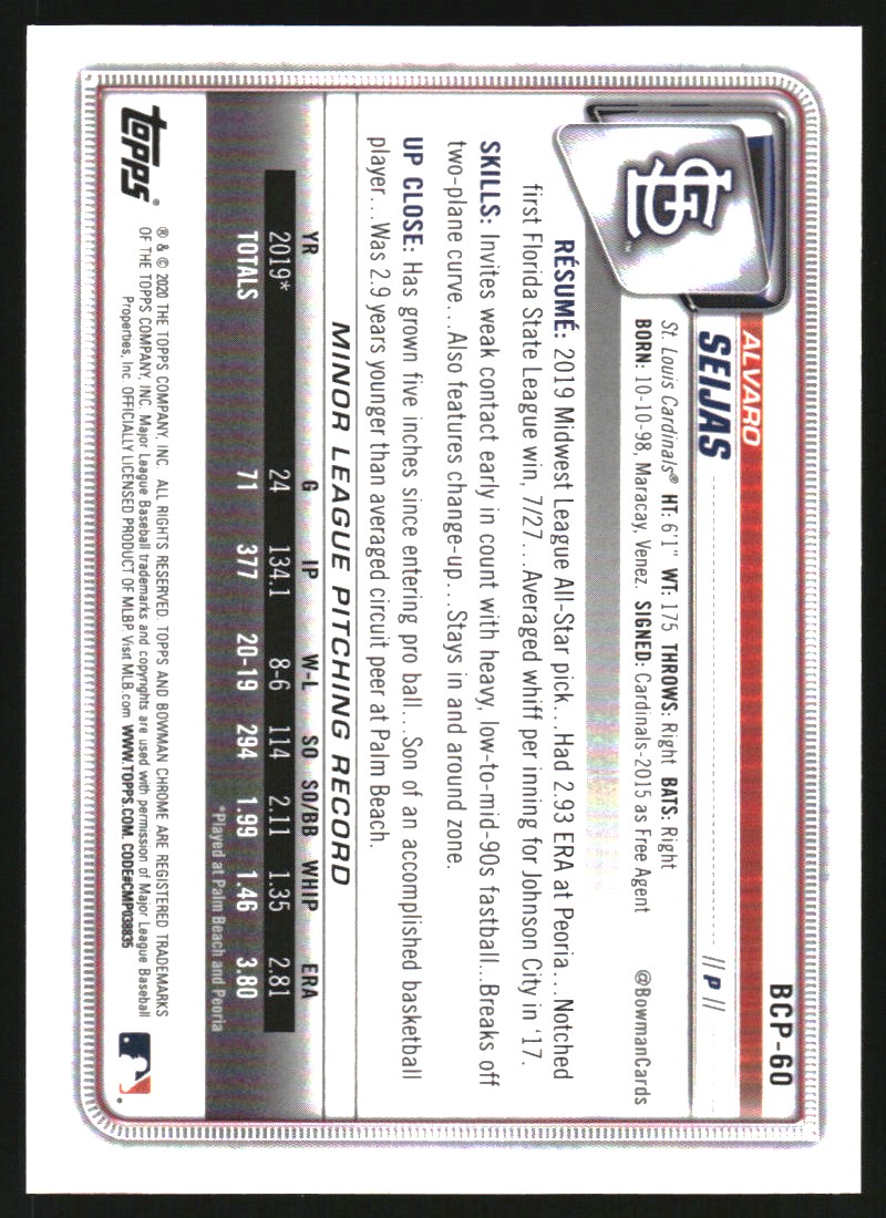 2020 Bowman Chrome Mega Box Prospects Gold Refractors #BCP60 Alvaro Seijas