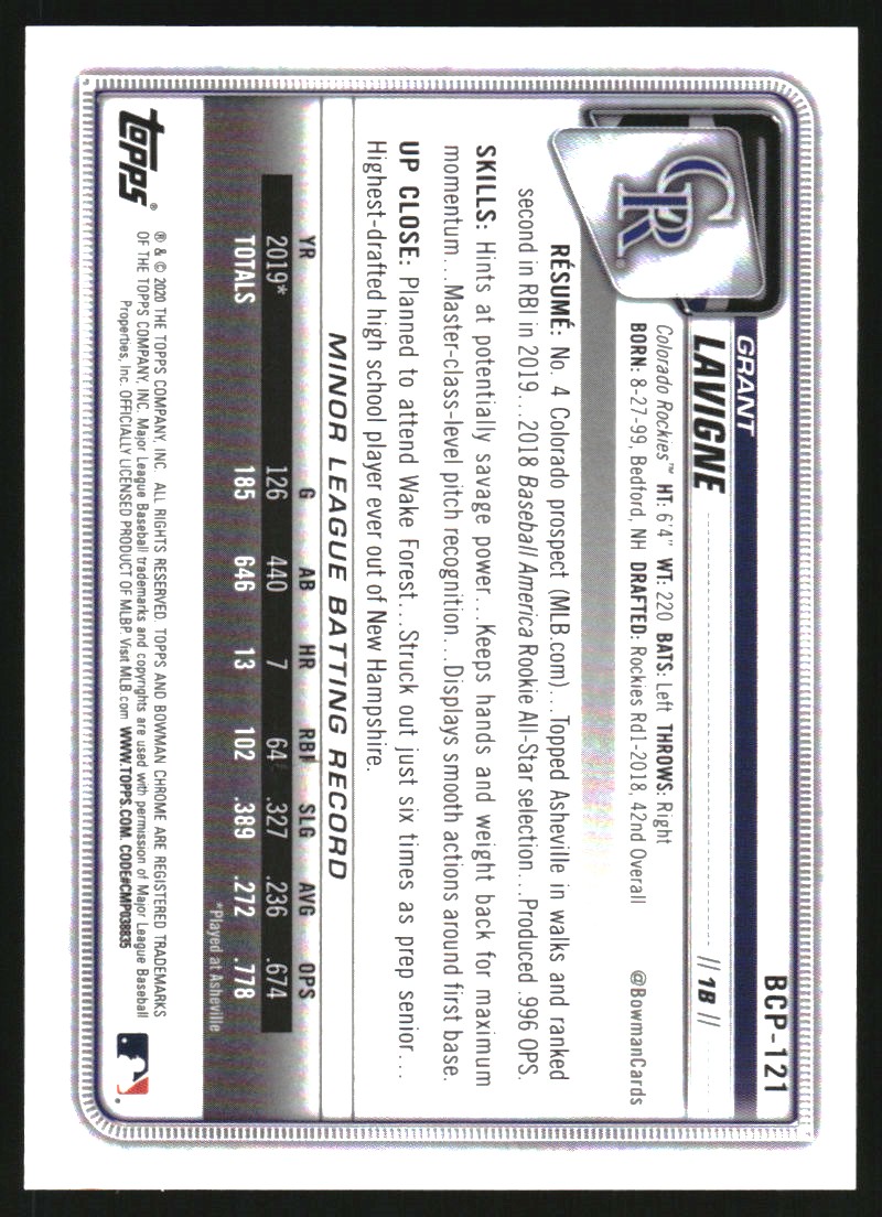 2020 Bowman Chrome Mega Box Prospects Gold Refractors #BCP121 Grant Lavigne