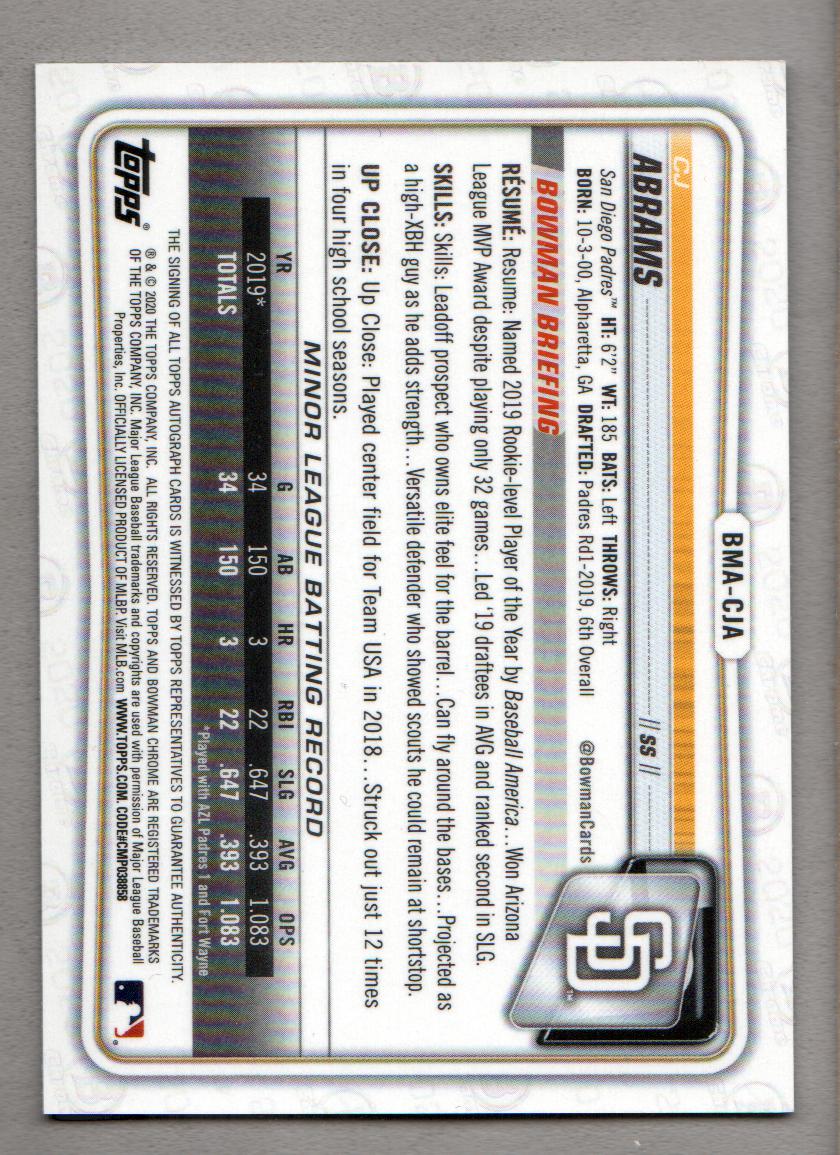 2020 Bowman Chrome Mega Box Prospect Autograph Blue Refractors #BMACJA CJ Abrams back image