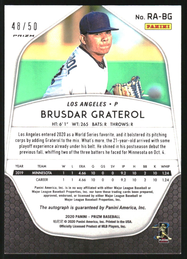 2020 Panini Prizm Rookie Autographs Prizms Red White and Blue #40 Brusdar Graterol/50