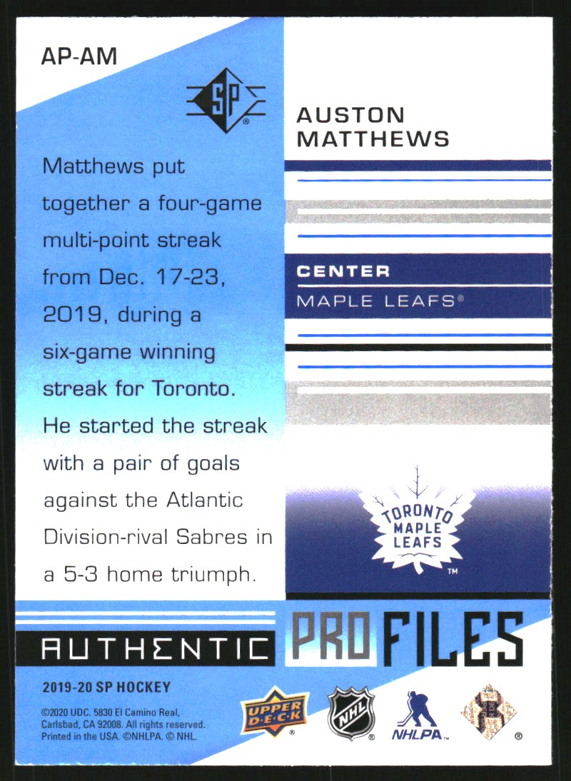 2019-20 SP Authentic Profiles Blue #APAM Auston Matthews
