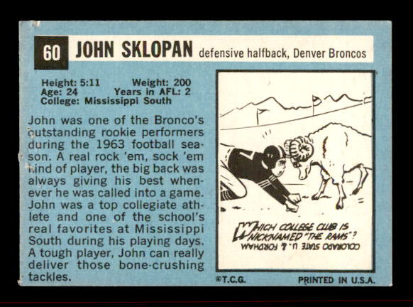 1964 Topps #60 John Sklopan RC back image