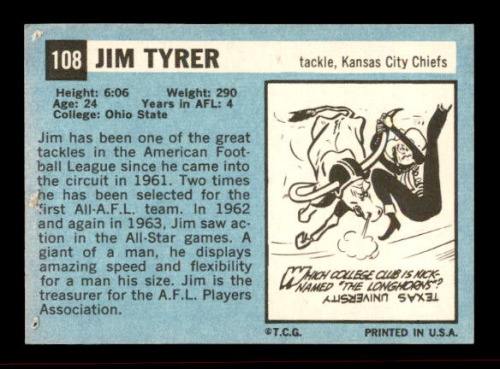1964 Topps #108 Jim Tyrer RC back image