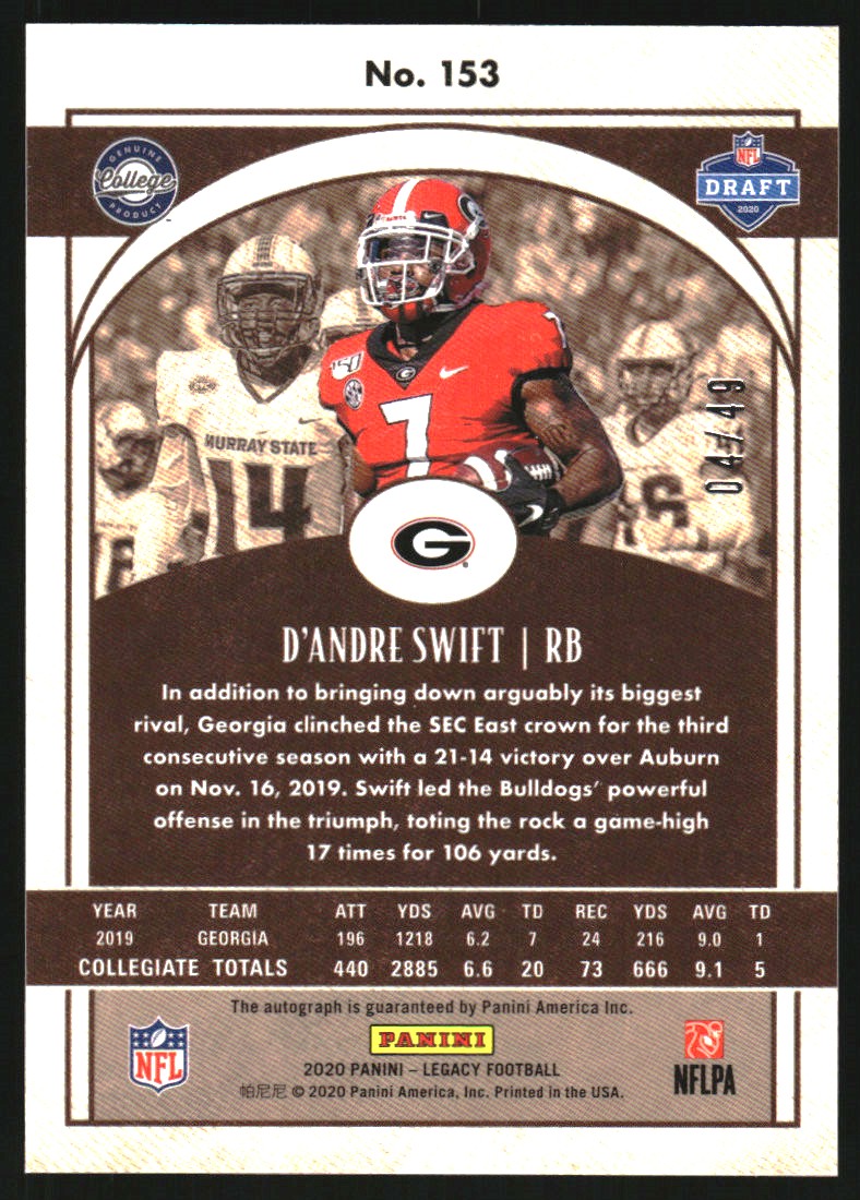 2020 Panini Legacy Rookies Premium Penmanship Bronze #153 D'Andre Swift/49