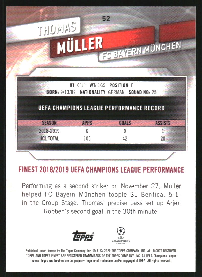 2019-20 Finest UEFA Champions League Purple Refractors #52 Thomas Muller back image