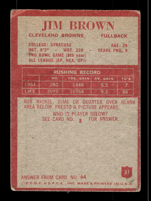 1965 Philadelphia #31 Jim Brown back image