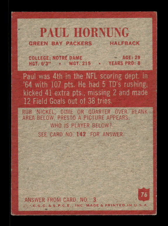 1965 Philadelphia #76 Paul Hornung back image