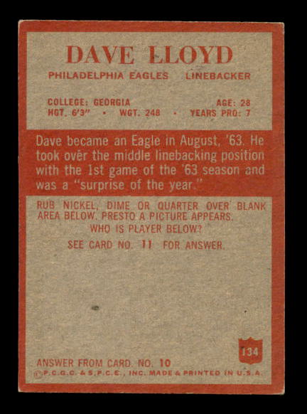 1965 Philadelphia #134 Dave Lloyd RC back image