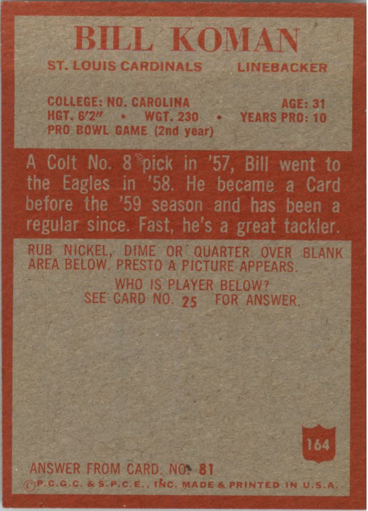 1965 Philadelphia #164 Bill Koman back image
