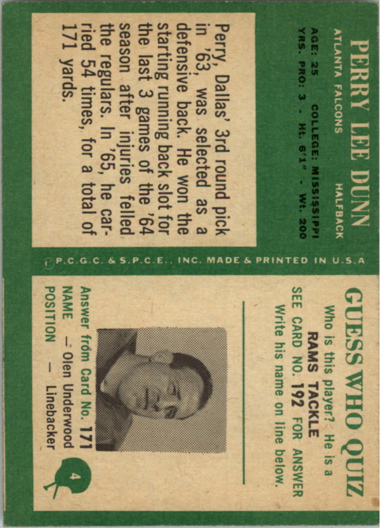 1966 Philadelphia #4 Perry Lee Dunn RC back image