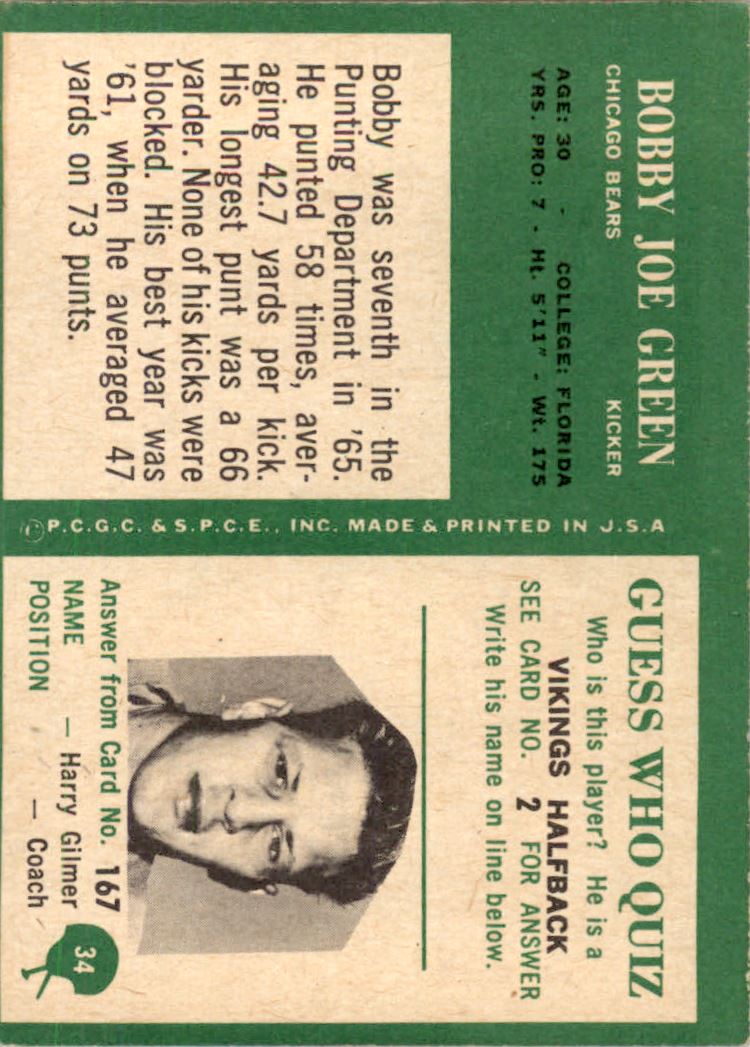 1966 Philadelphia #34 Bobby Joe Green back image