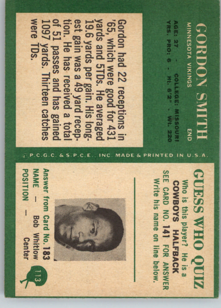 1966 Philadelphia #113 Gordon Smith RC back image