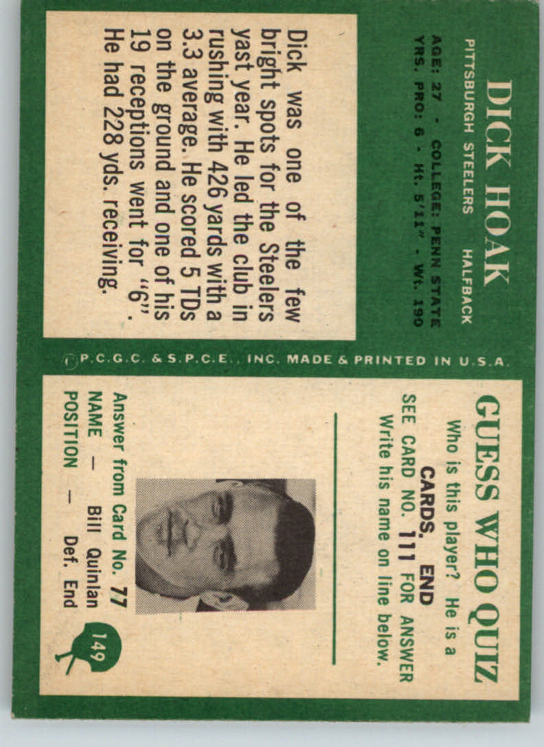 1966 Philadelphia #149 Dick Hoak RC back image