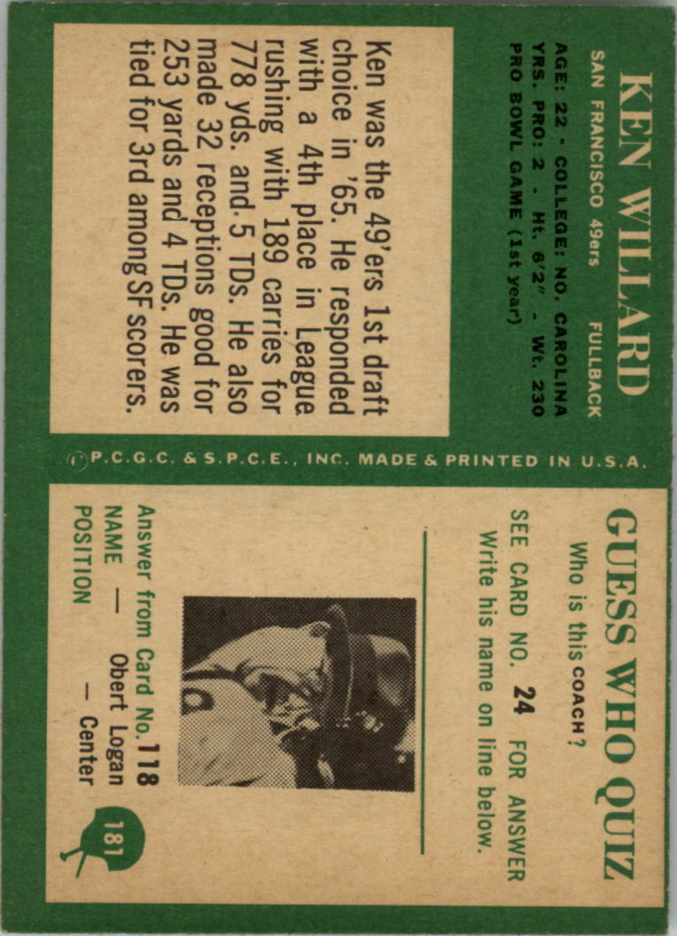1966 Philadelphia #181 Ken Willard RC back image