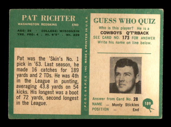 1966 Philadelphia #189 Pat Richter RC back image