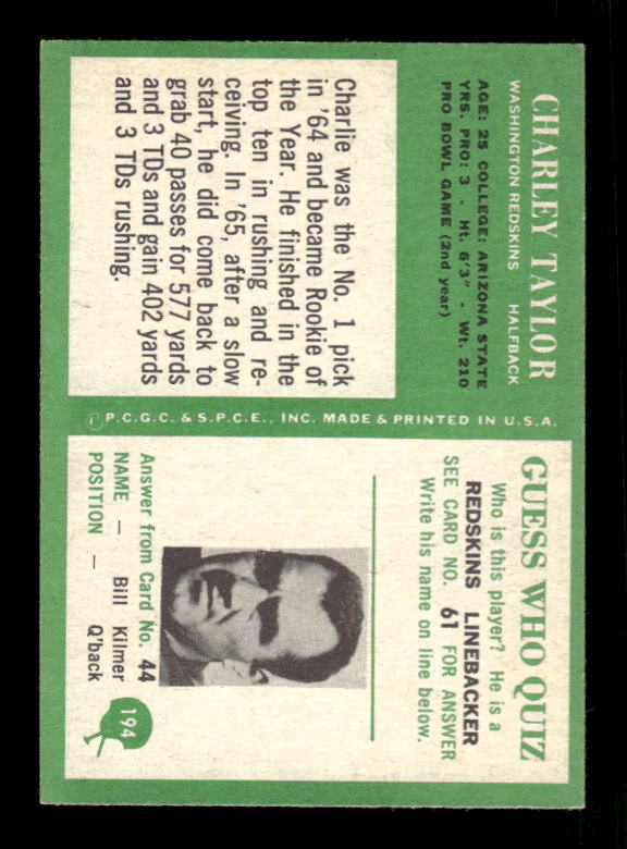 1966 Philadelphia #194 Charley Taylor back image