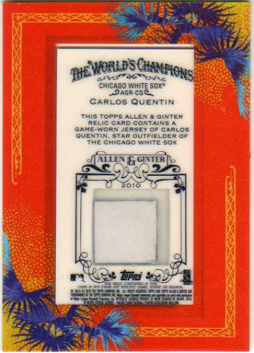 2010 Topps Allen and Ginter Relics #CQ Carlos Quentin Multi-Color Game-Worn Jersey Majestic Patch Card  back image
