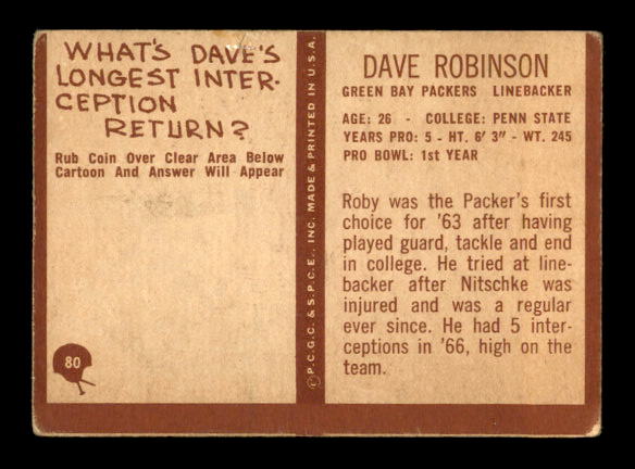 1967 Philadelphia #80 Dave Robinson RC back image