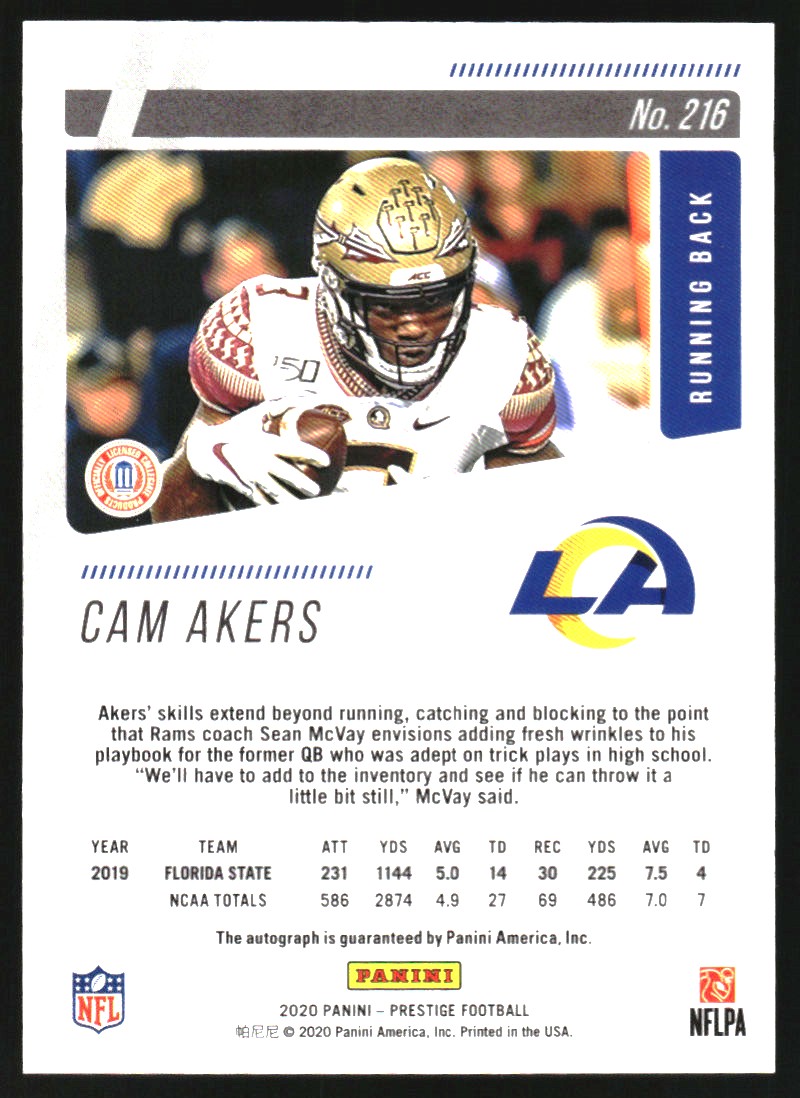 2020 Prestige Xtra Points Signatures #216 Cam Akers back image
