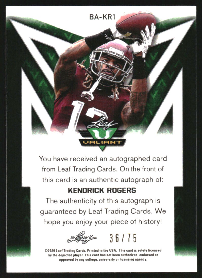 2020 Leaf Valiant Green #BAKR1 Kendrick Rogers on Fanatics Collect 2020 Leaf Valiant Green #BAKR1 Kendrick Rogers on Fanatics Collect