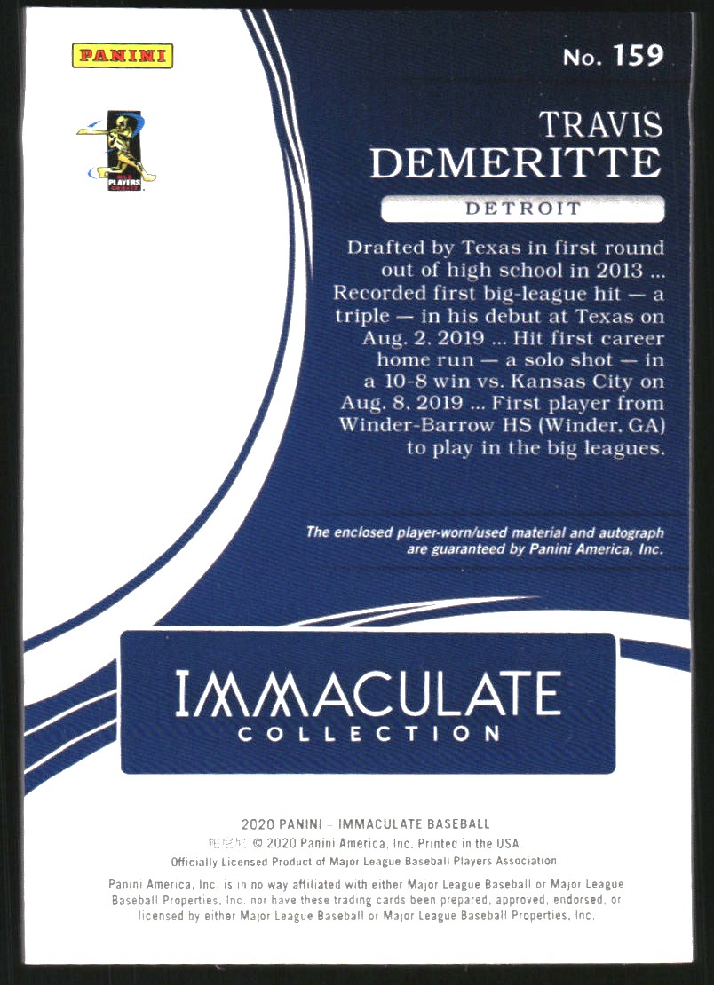 2020 Immaculate Collection #159 Travis Demeritte JSY AU/99 RC