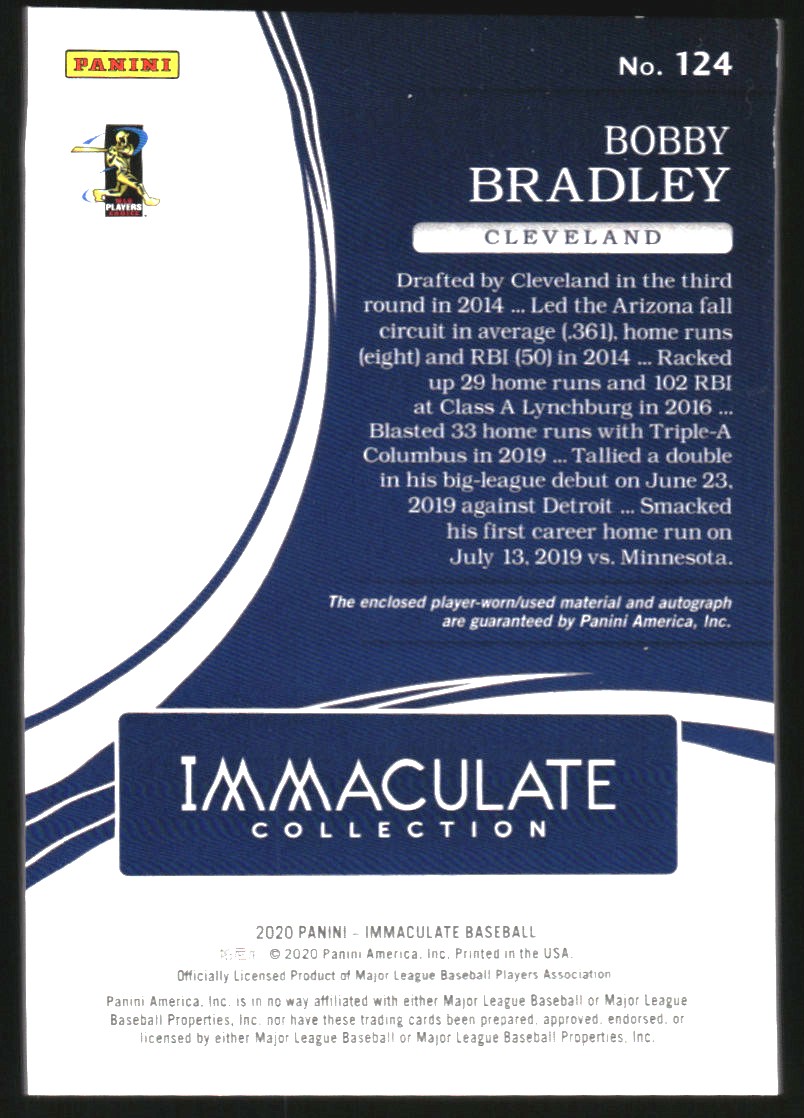 2020 Immaculate Collection Red #124 Bobby Bradley JSY AU/49 back image