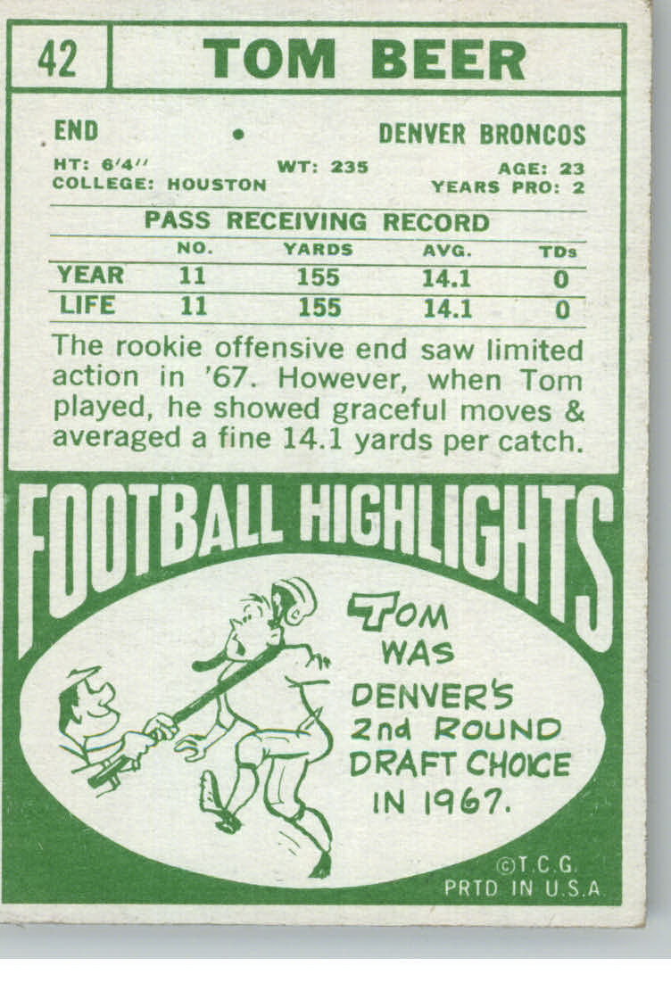 1968 Topps #42 Tom Beer RC back image