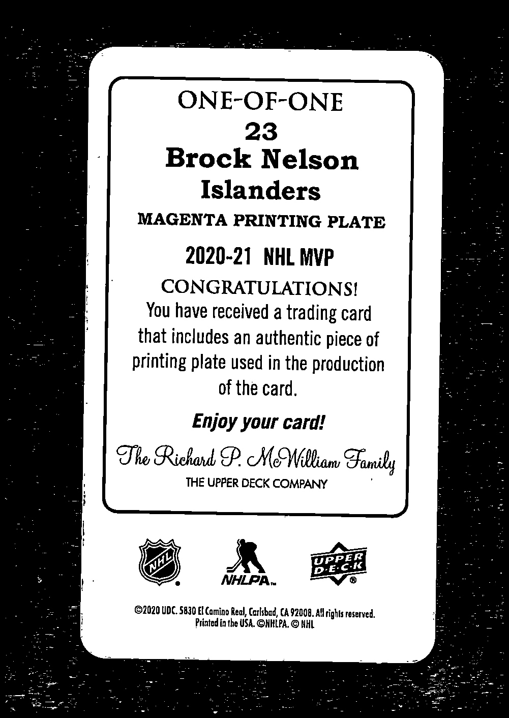2020-21 Upper Deck MVP Printing Plates Magenta #23 Brock Nelson back image