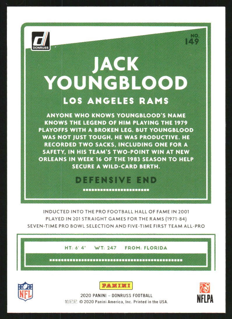 2020 Donruss Jersey Number #149 Jack Youngblood/85 back image
