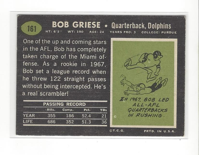 1969 Topps #161 Bob Griese back image