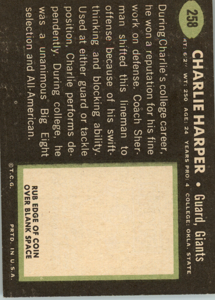 1969 Topps #258 Charlie Harper RC back image