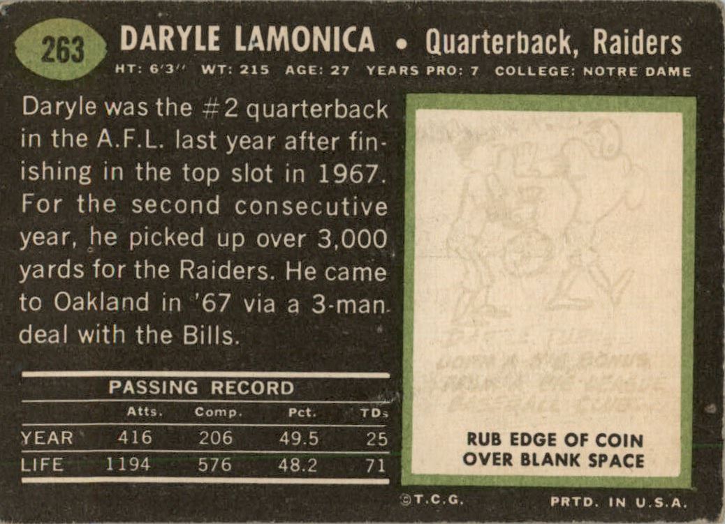 : 1969 Topps # 263 Daryle Lamonica Oakland Raiders