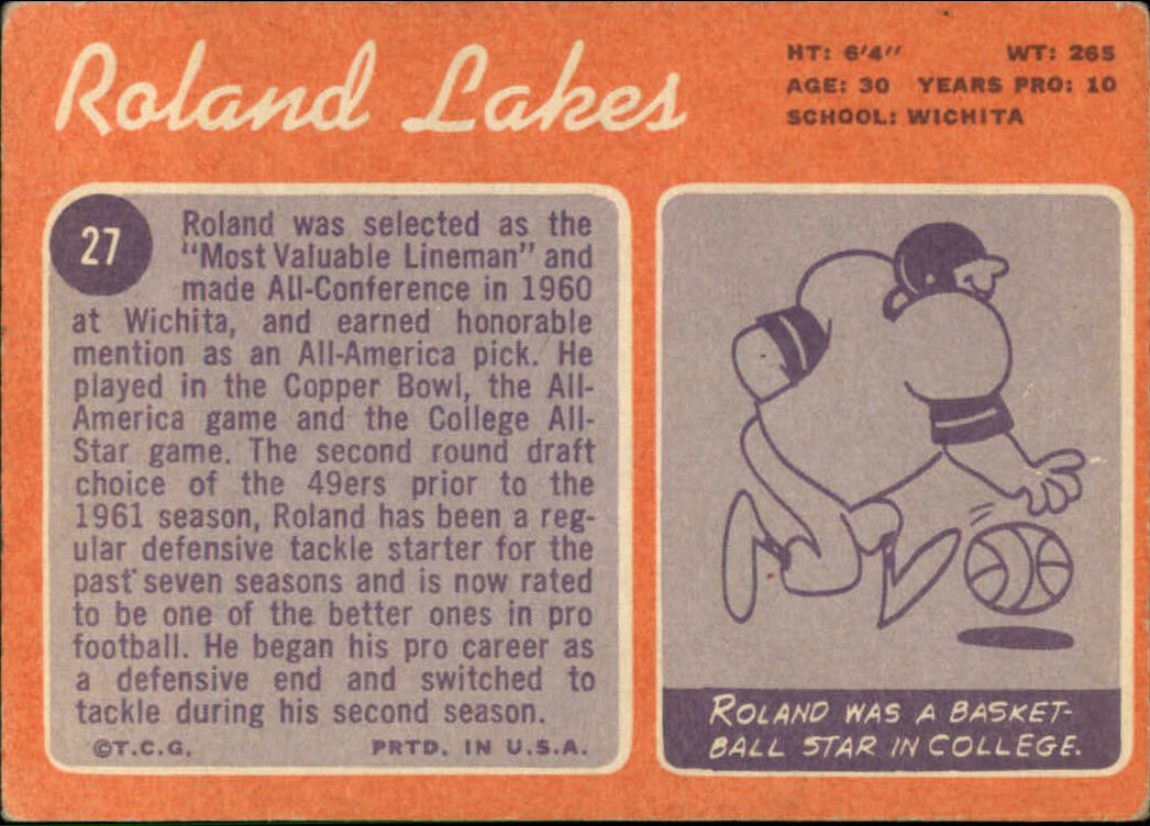 1970 Topps #27 Roland Lakes back image