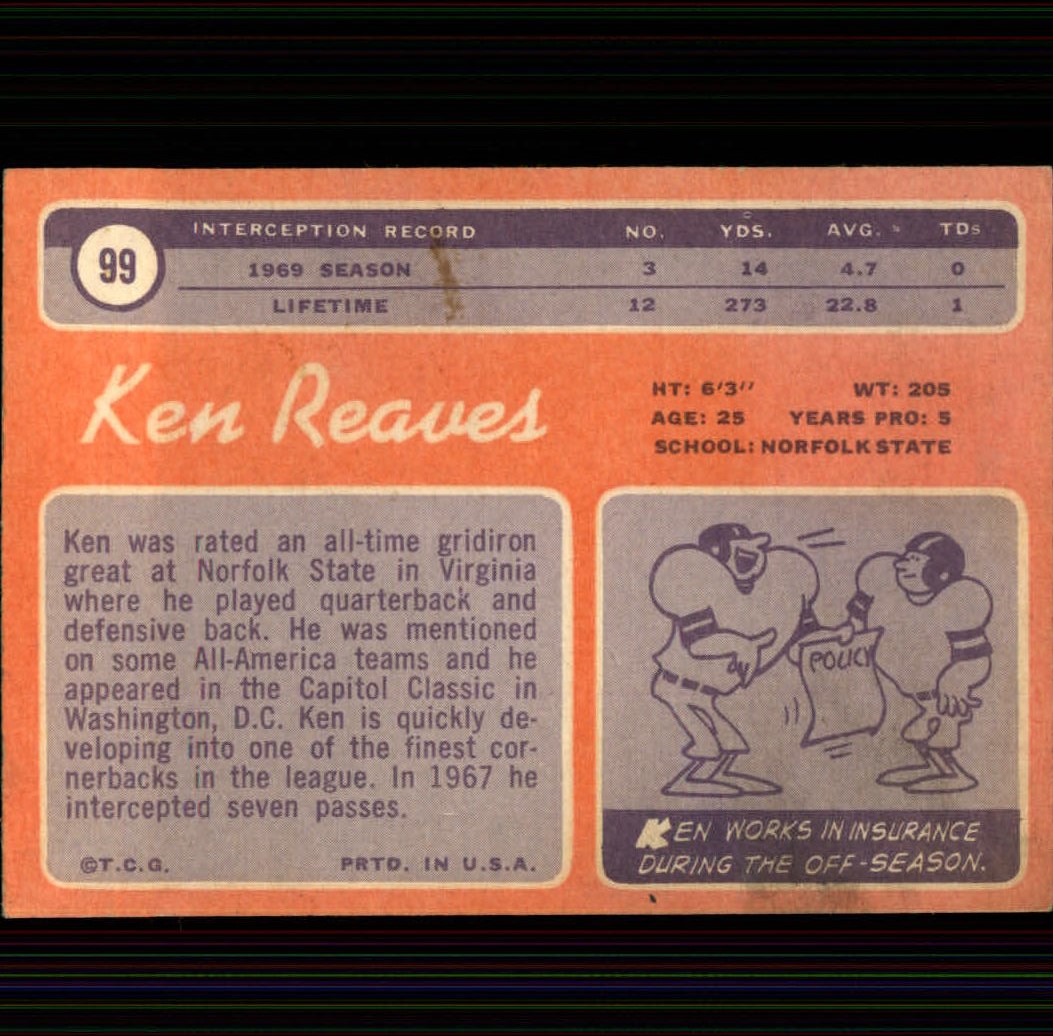 1970 Topps #99 Ken Reaves RC back image