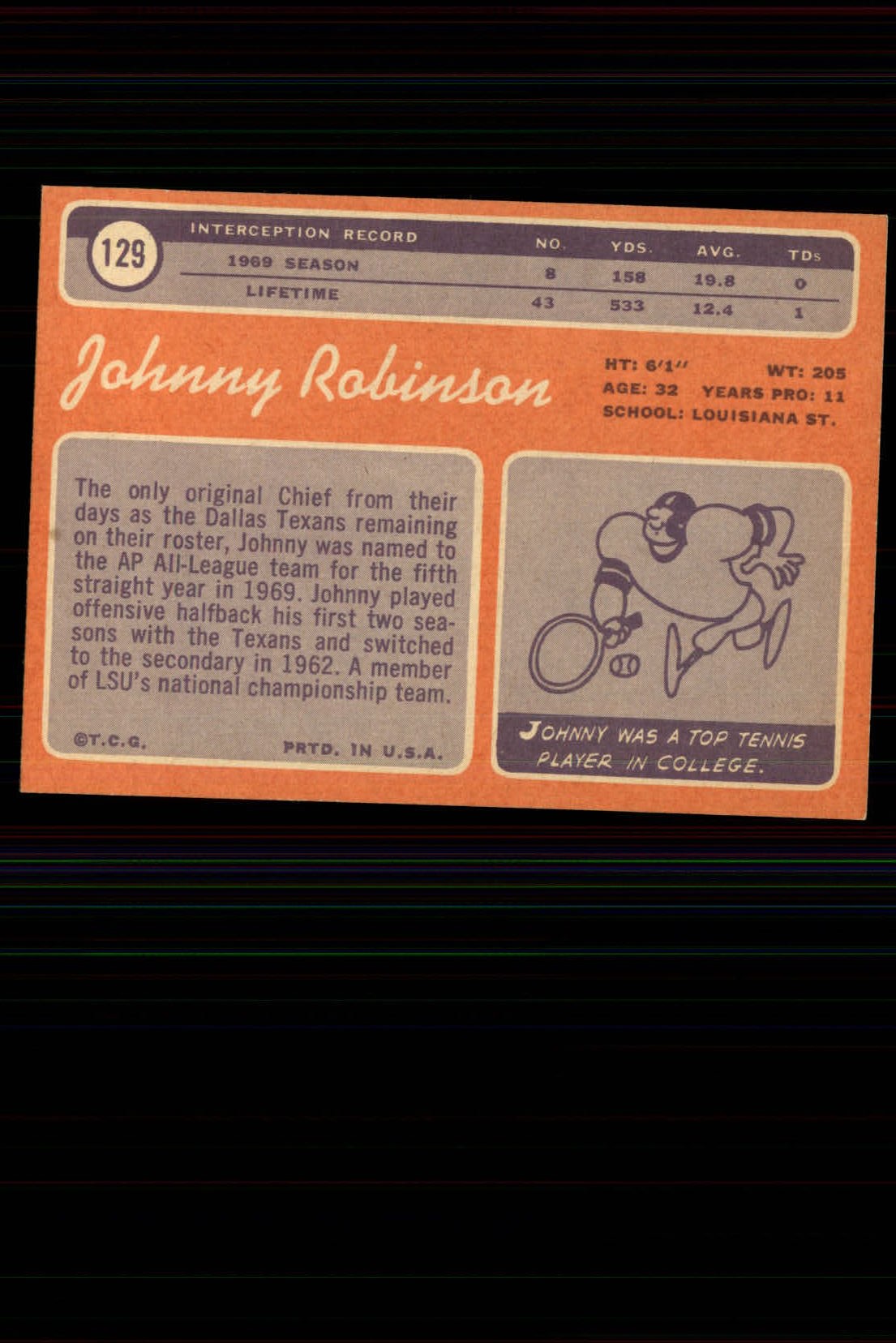 1970 Topps #129 Johnny Robinson back image