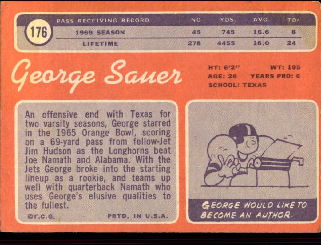 1970 Topps #176 George Sauer Jr. back image