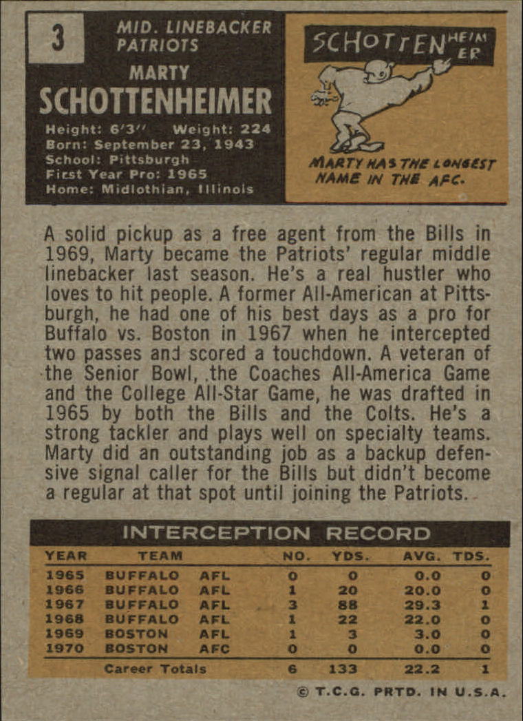 1971 Topps #3 Marty Schottenheimer RC back image