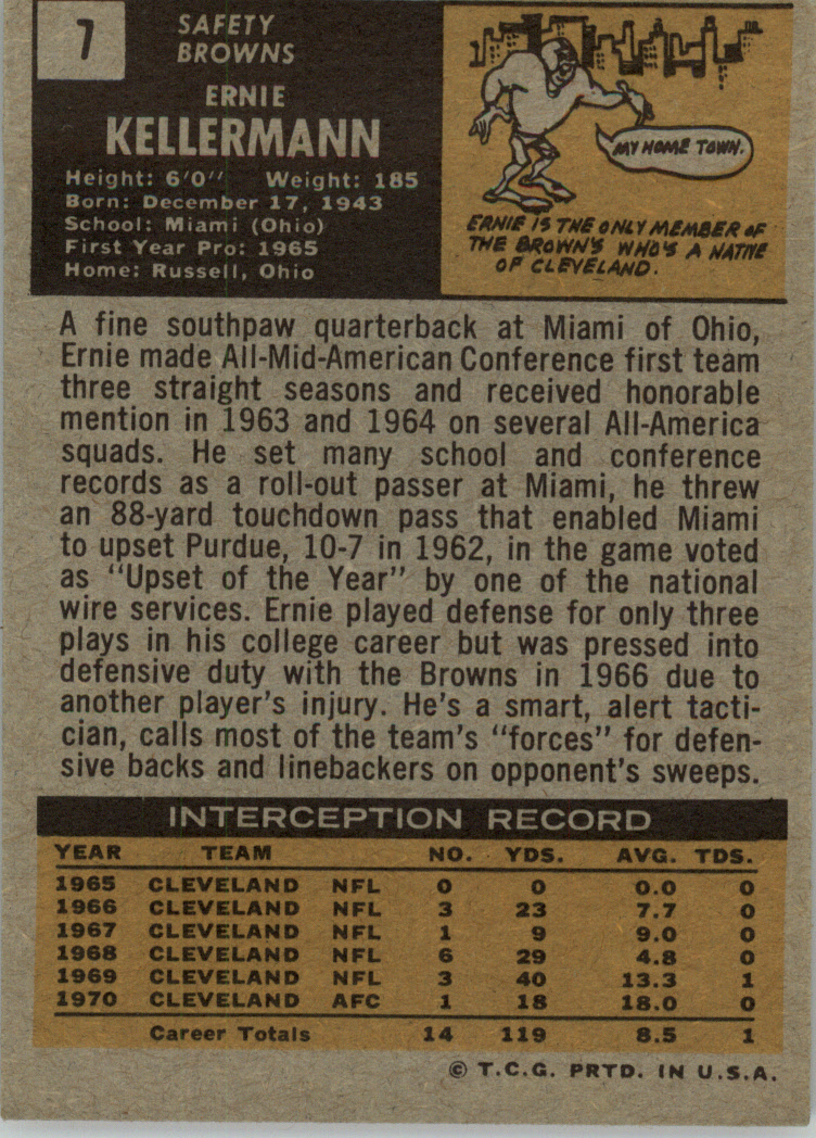 1971 Topps #7 Ernie Kellerman back image