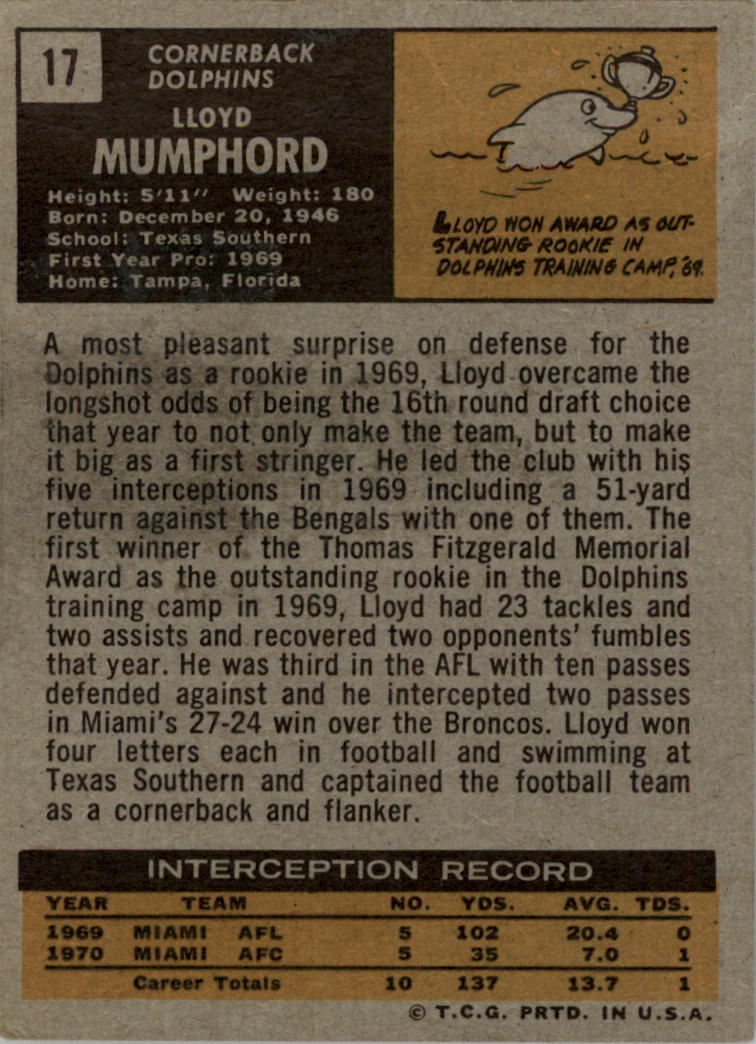 1971 Topps #17 Lloyd Mumphord RC back image