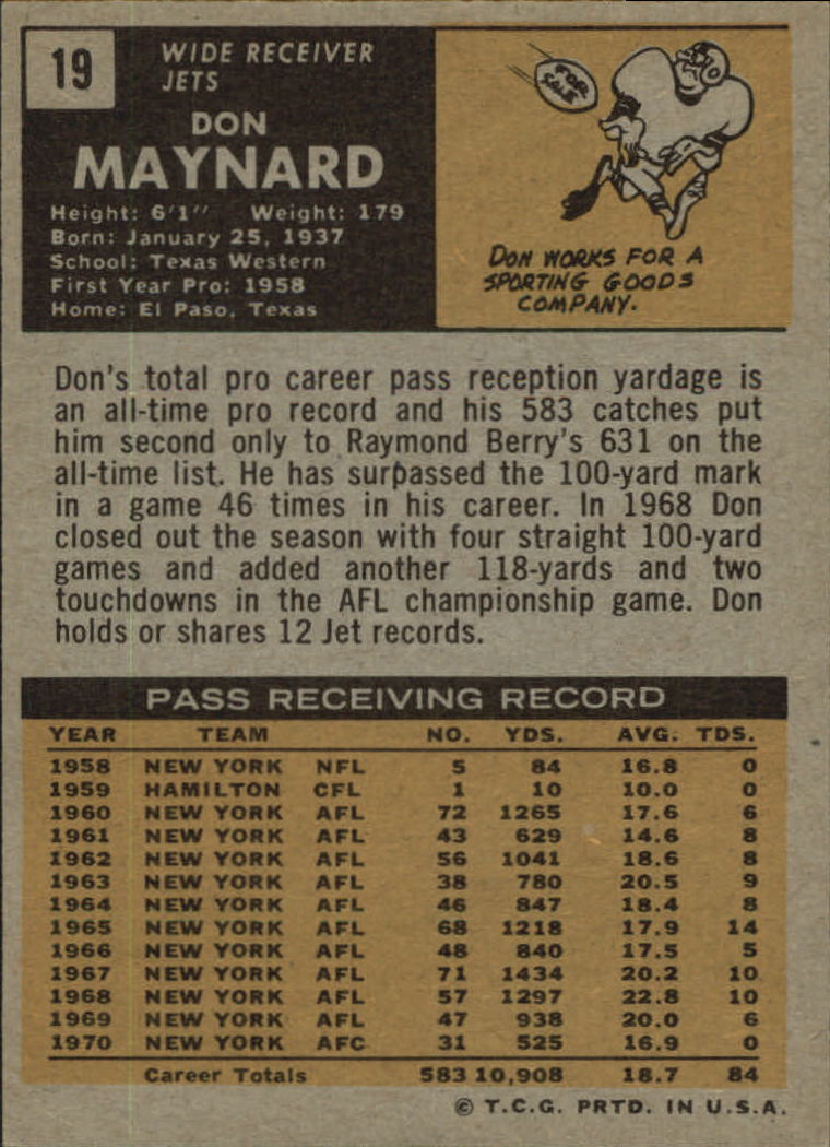 1971 Topps #19 Don Maynard back image