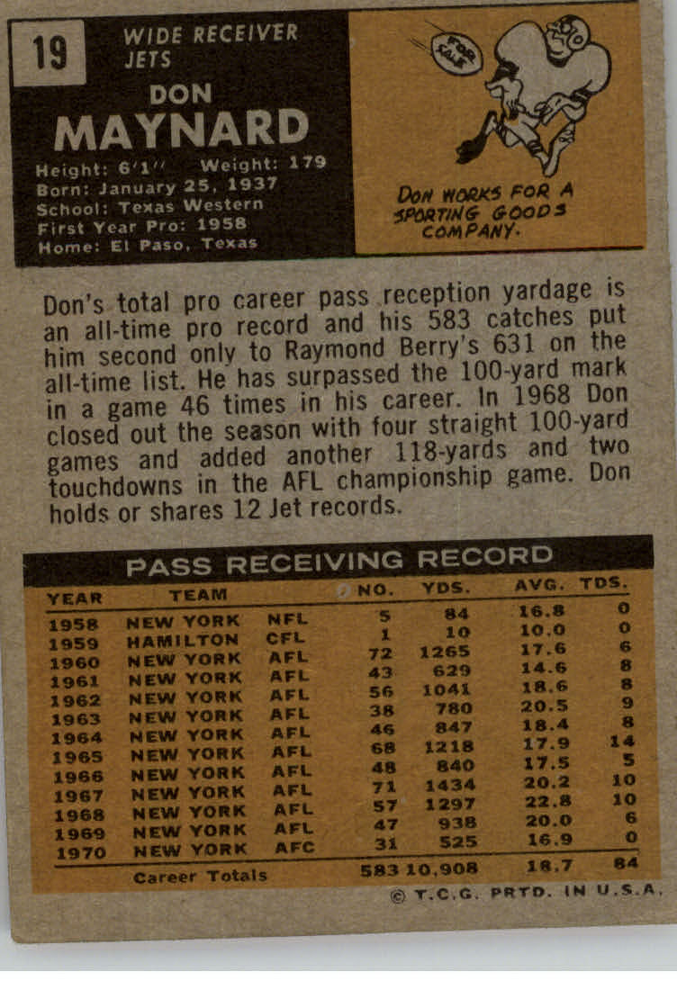 1971 Topps #19 Don Maynard back image