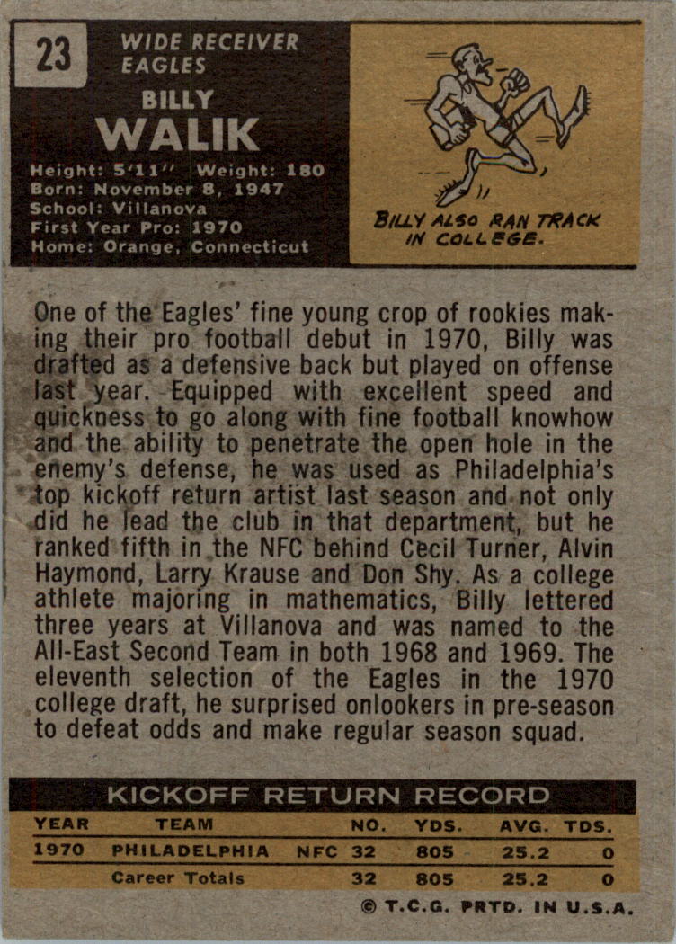 1971 Topps #23 Billy Walik RC back image