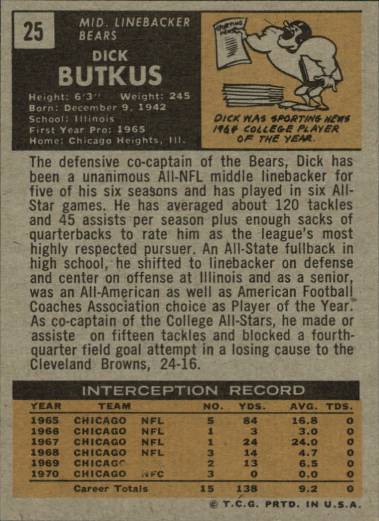 1971 Topps #25 Dick Butkus back image