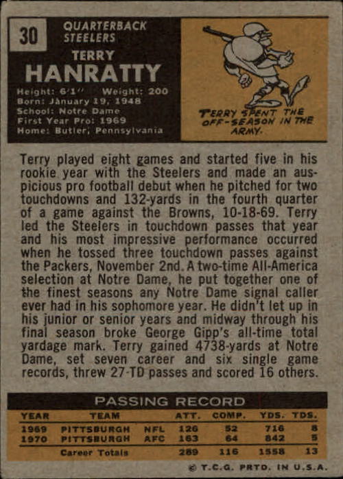 1971 Topps #30 Terry Hanratty RC back image