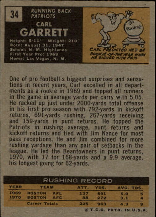 1971 Topps #34 Carl Garrett RC back image