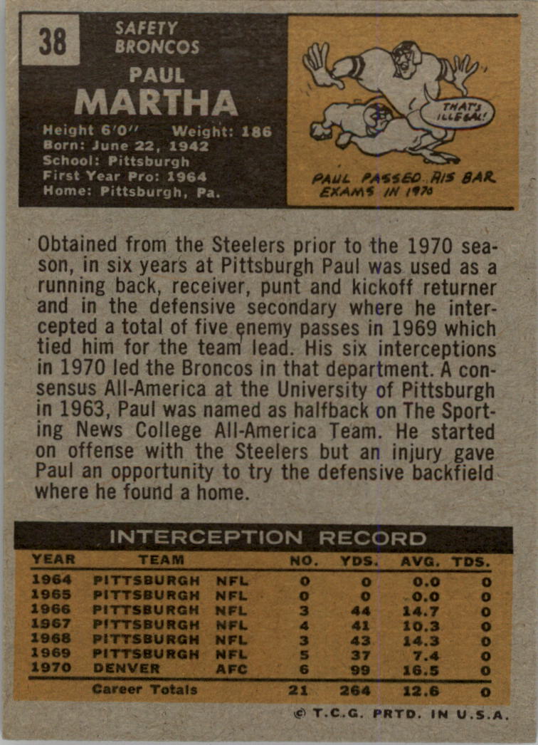 1971 Topps #38 Paul Martha back image